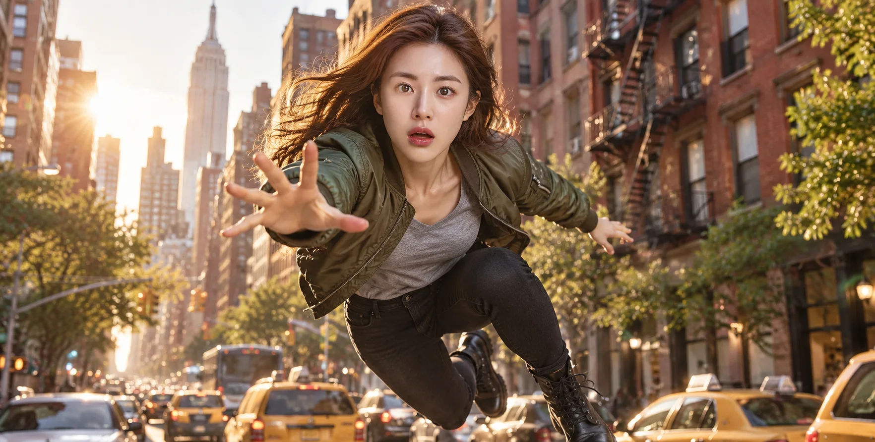 纽约街头凌空跳跃的惊愕少女