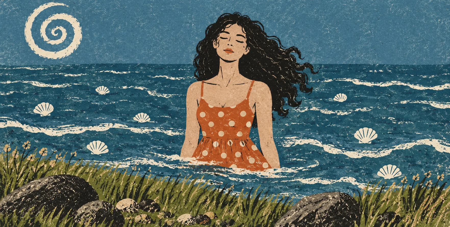丝网印刷风海中漫步的波点少女