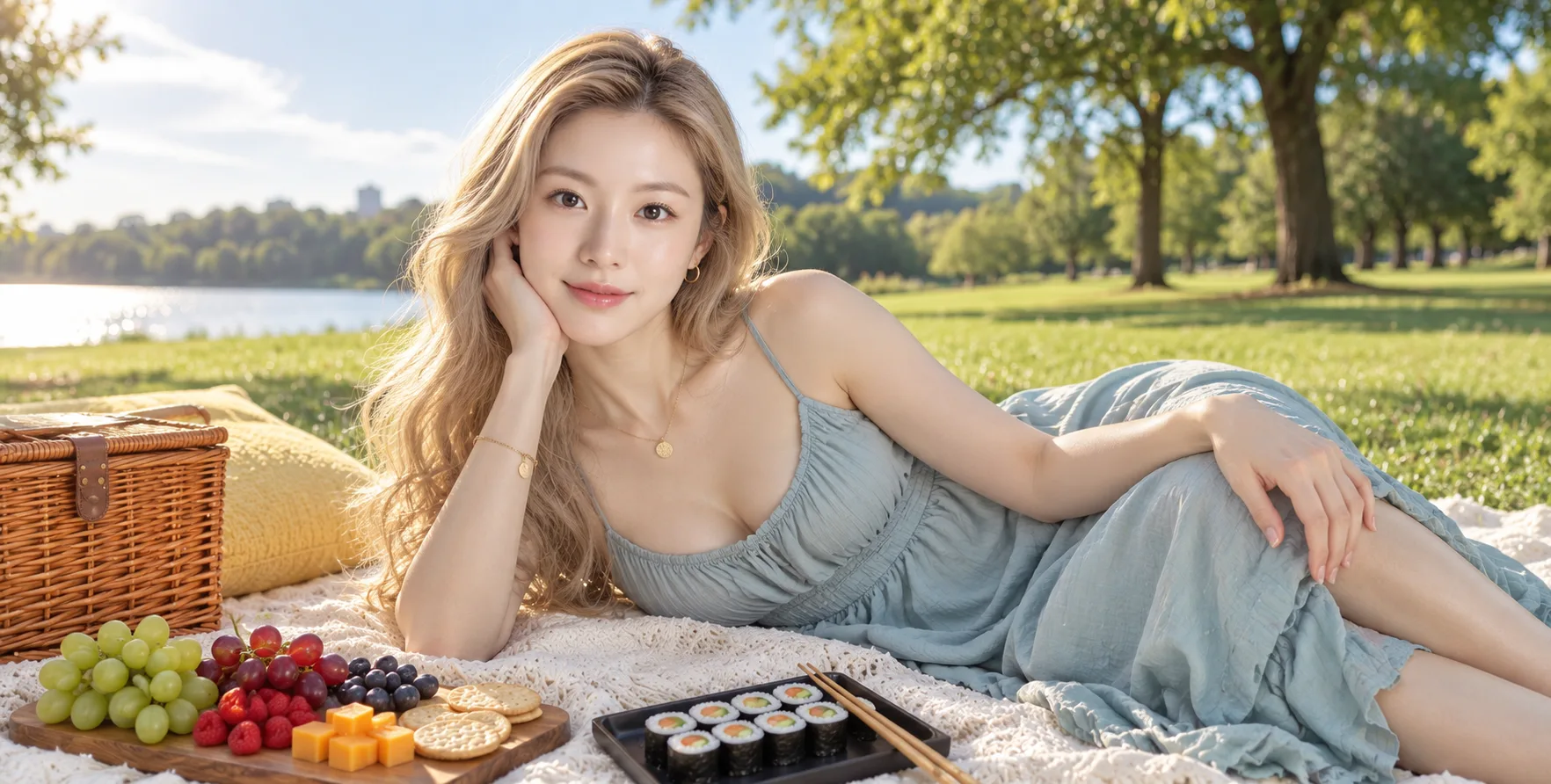 阳光下的成年女性野餐肖像
