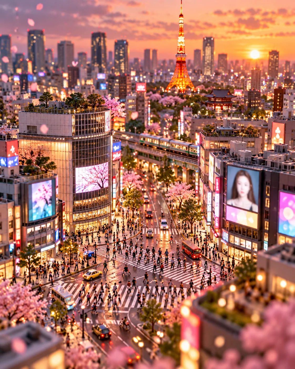 移轴微缩东京日落樱花街景