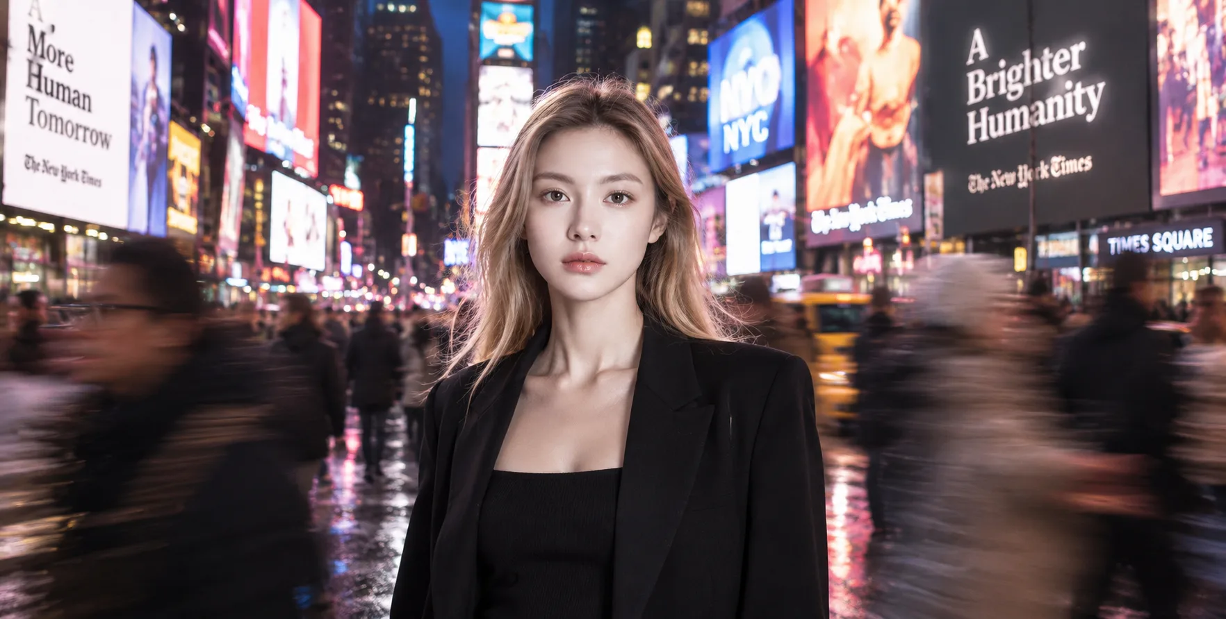 时代广场的静谧金发女郎