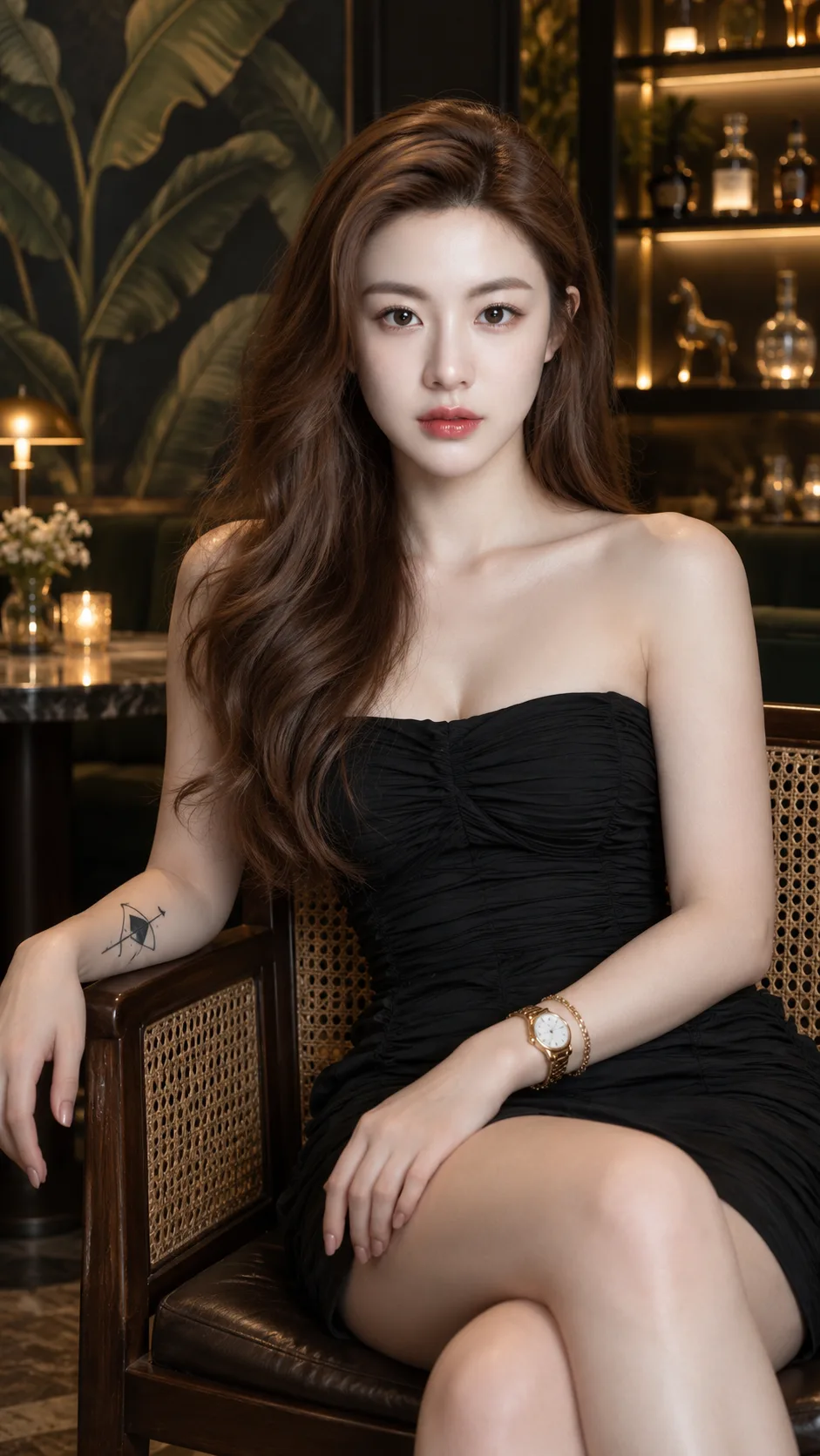 奢华酒廊里的黑裙摩登女郎