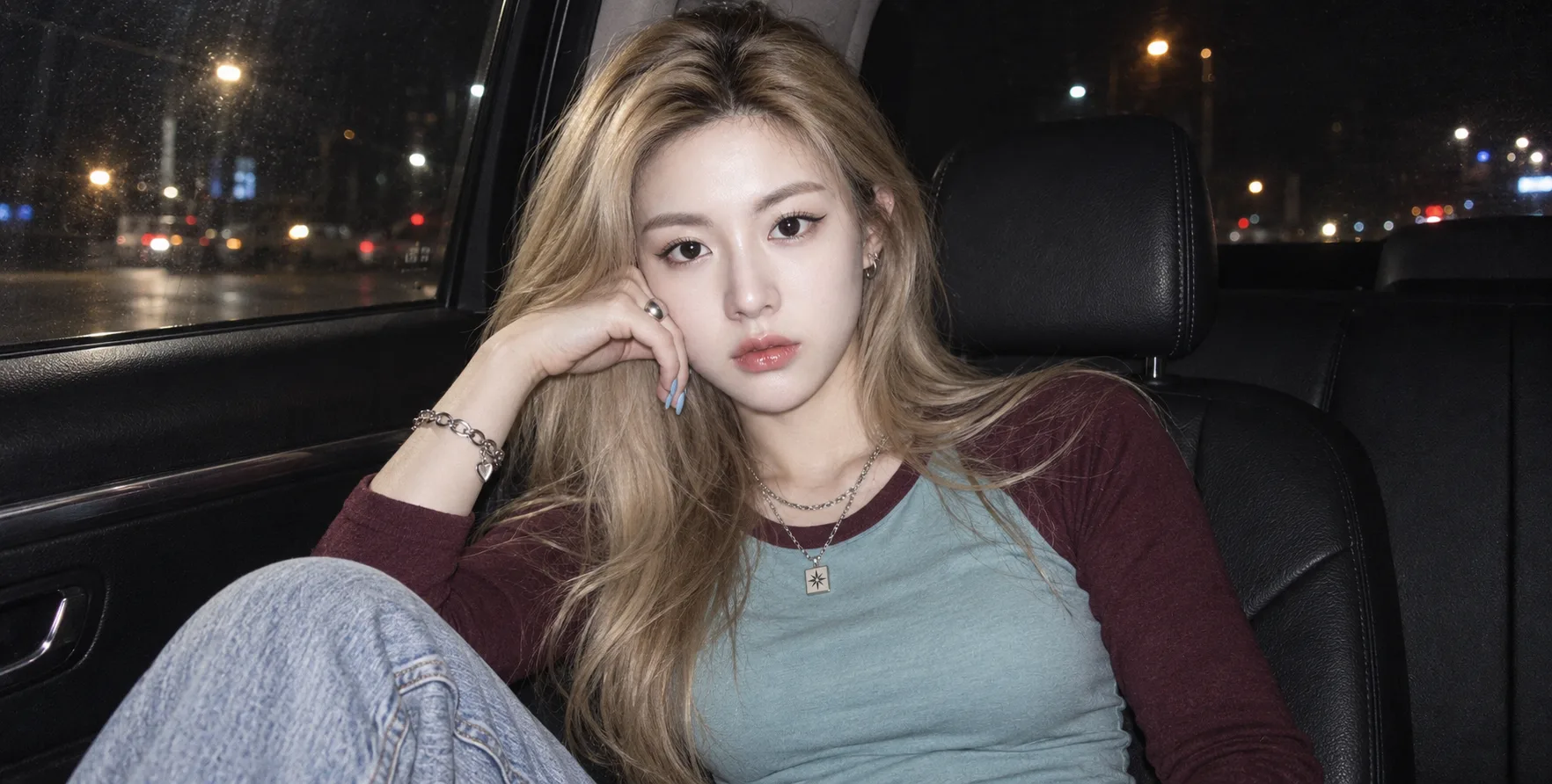 夜色车内直闪下的Y2K金发女性