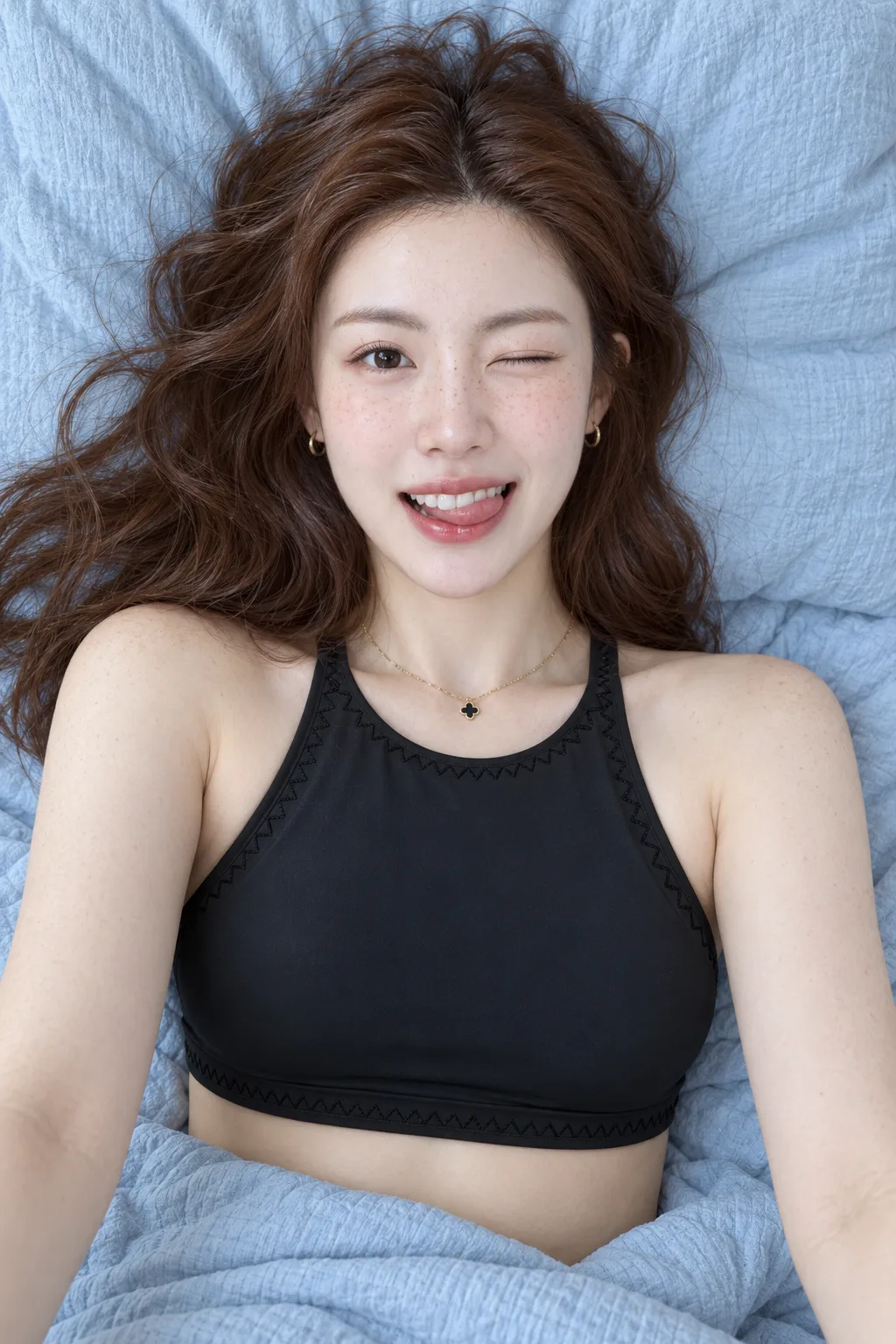 俯拍俏皮吐舌的成年女性肖像