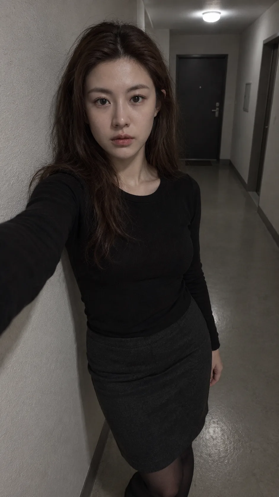 深夜空荡走廊里的成年女性慵懒自拍