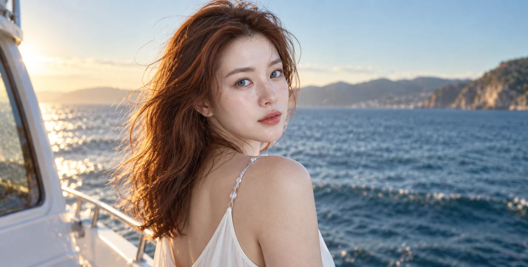 落日海风中的成年女性回眸