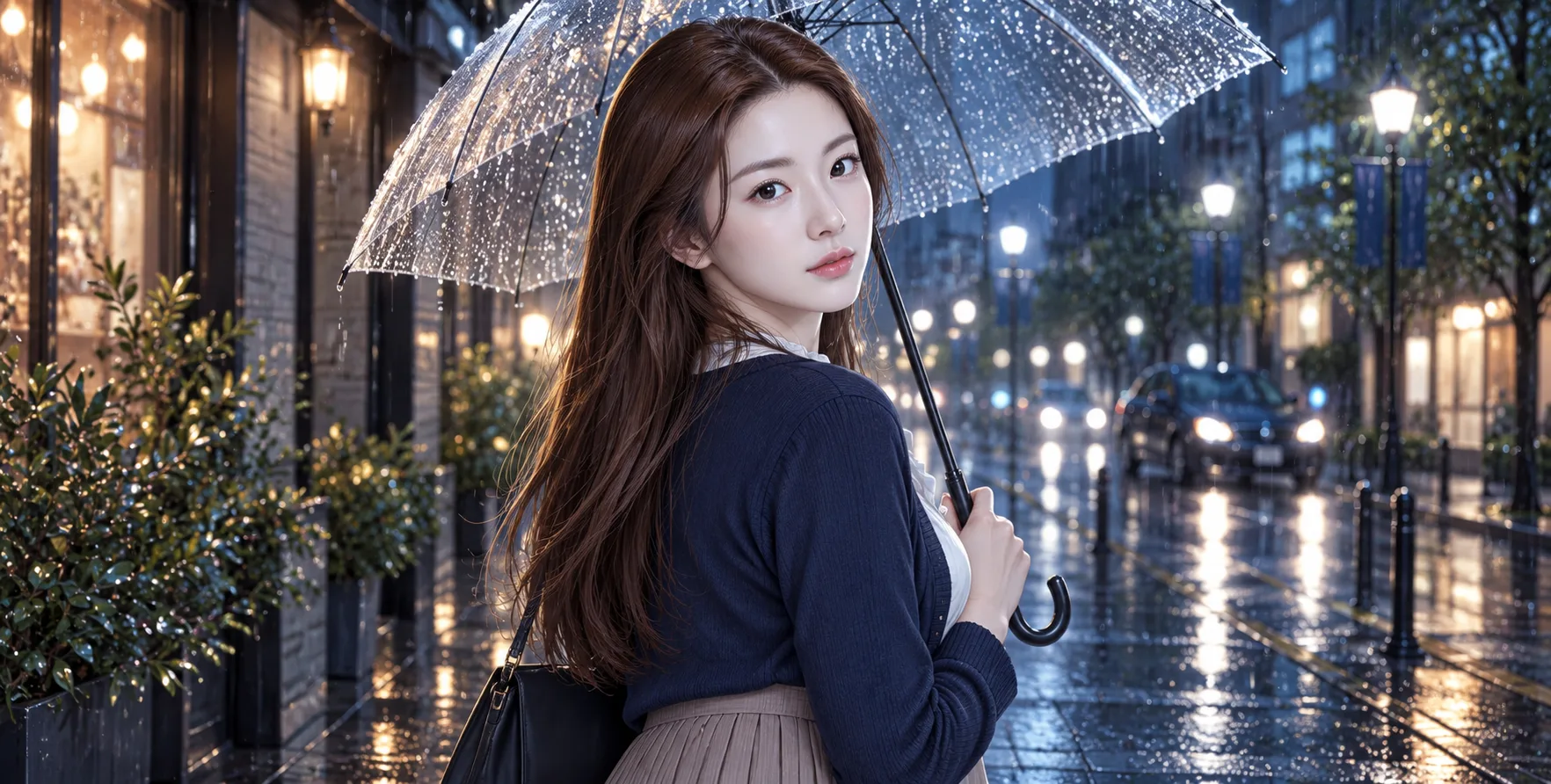 雨夜街头透明伞下的成年女性回眸