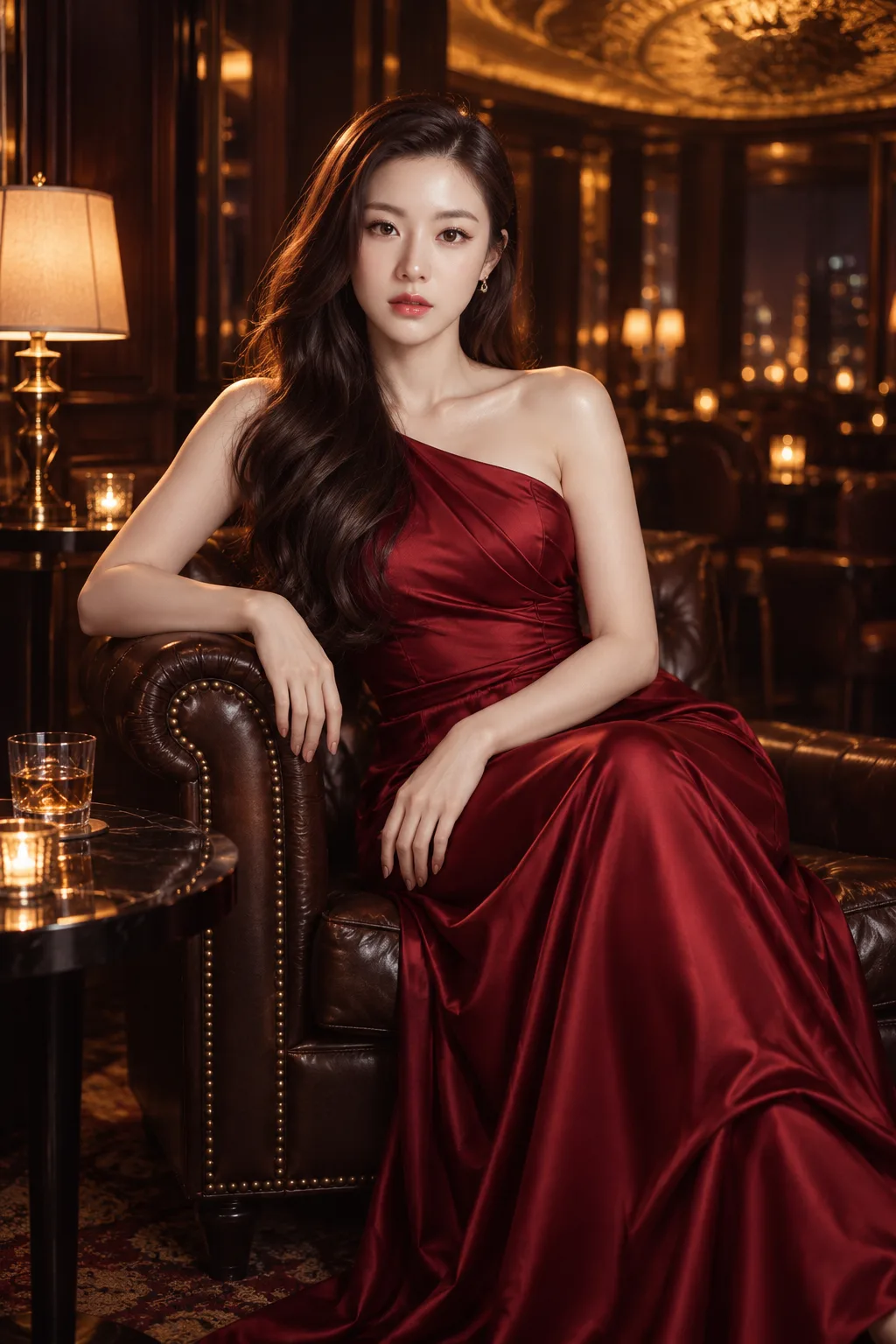 Luxury lounge red satin fashion portrait