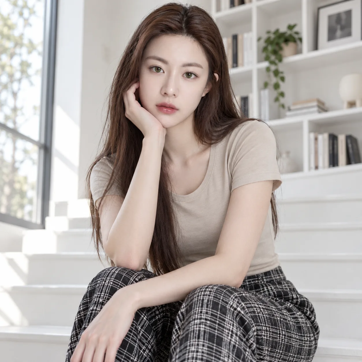 晨光白阶绿眼成年女性肖像