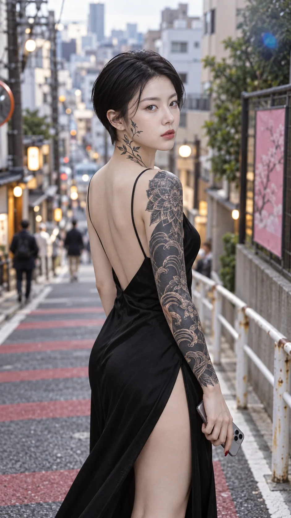 日系街头回眸的刺青黑裙少女