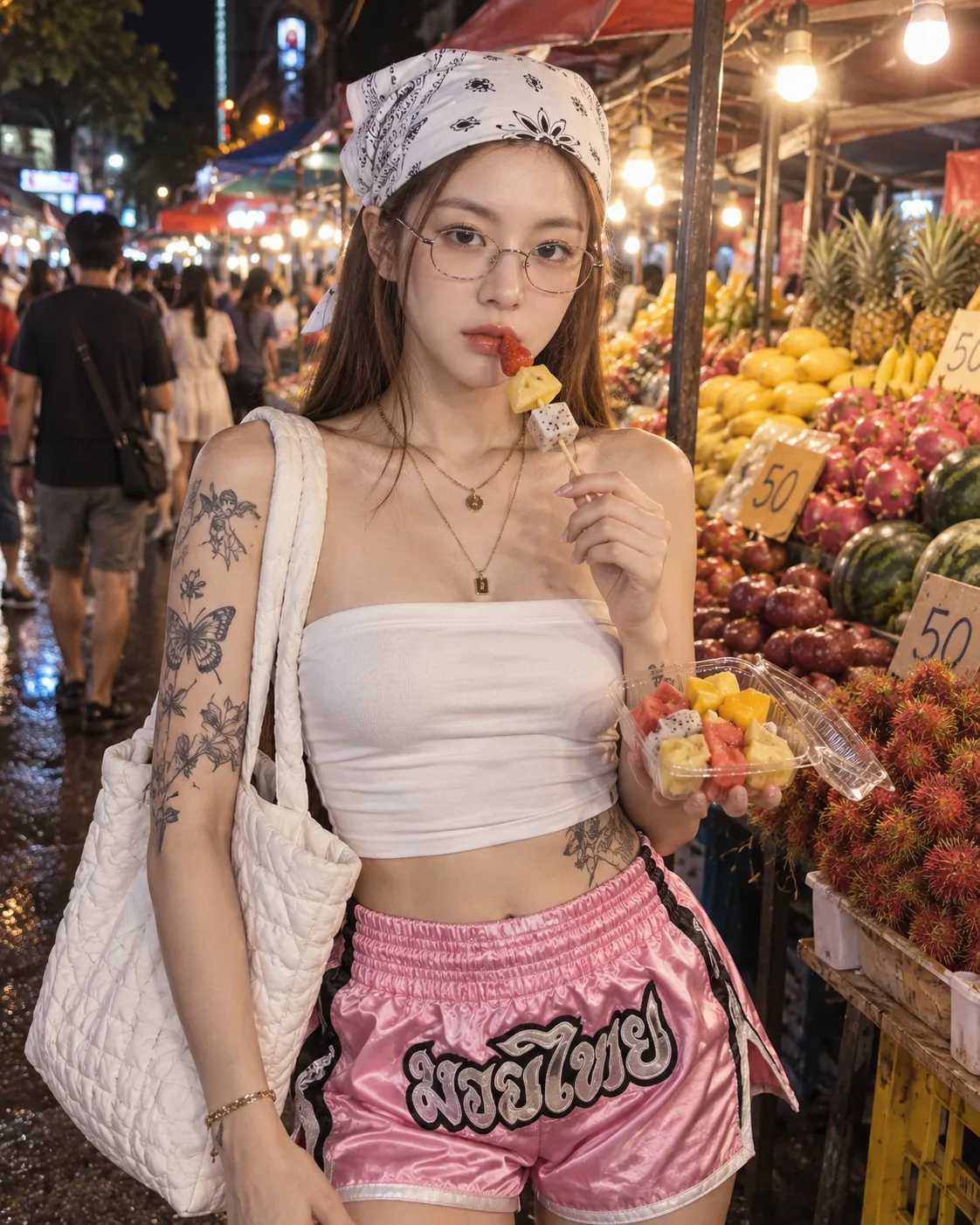 热带夜市的纹身街头肖像