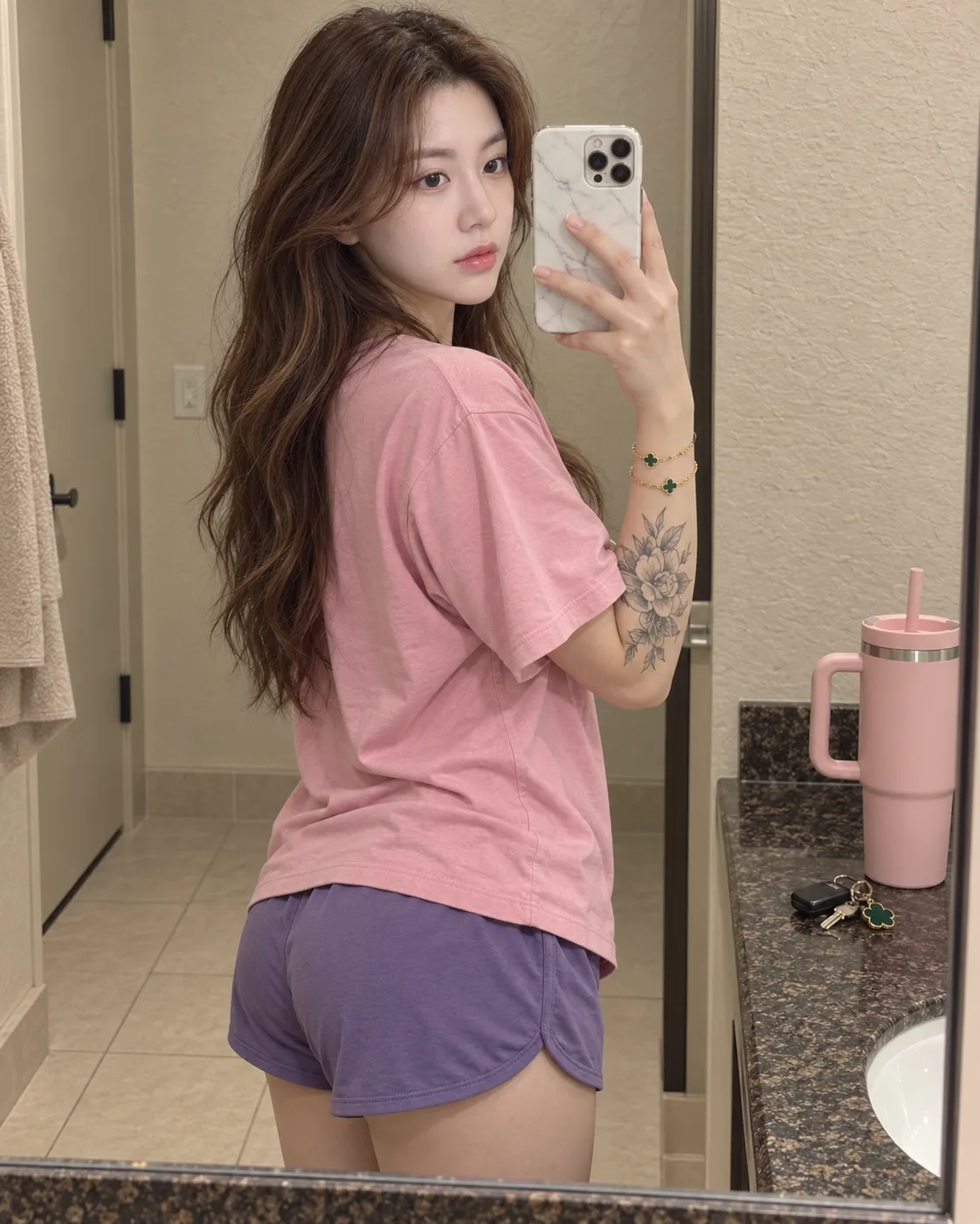 粉紫穿搭棕发女性的松弛感对镜自拍