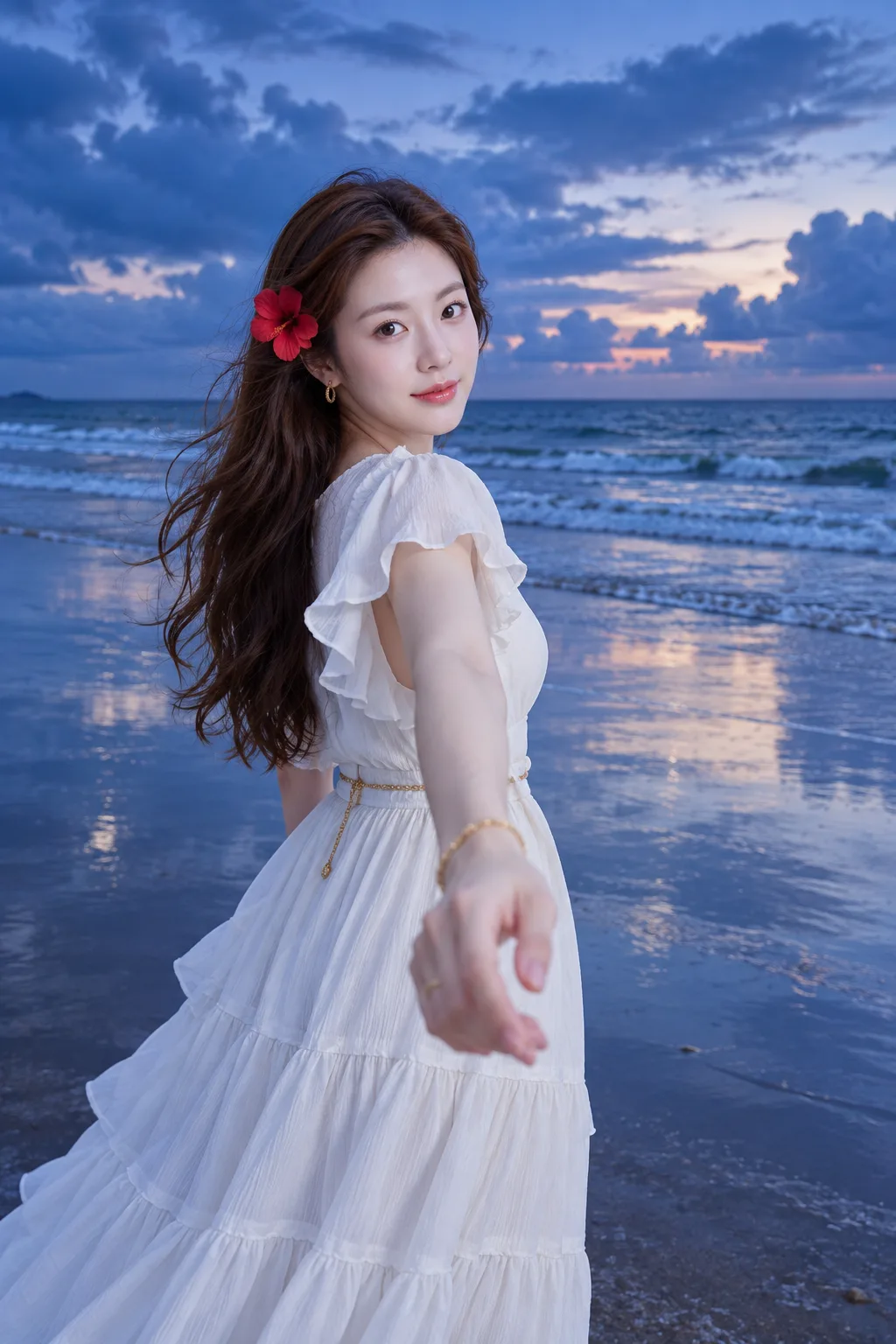 暮色海滩白裙成年女性的深情回眸