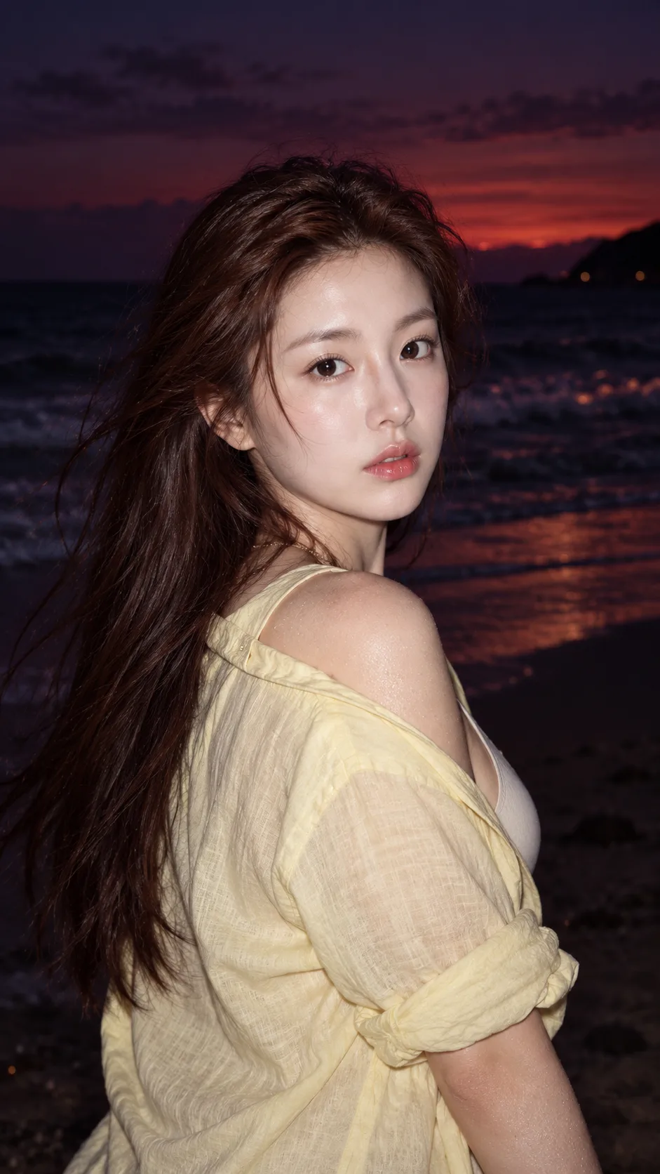 暮色海滩闪光灯下的成年女性回眸