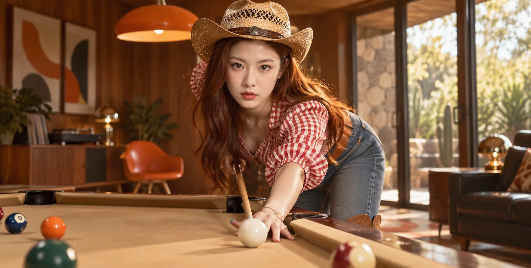 复古台球室的原创西部风格成年玩家