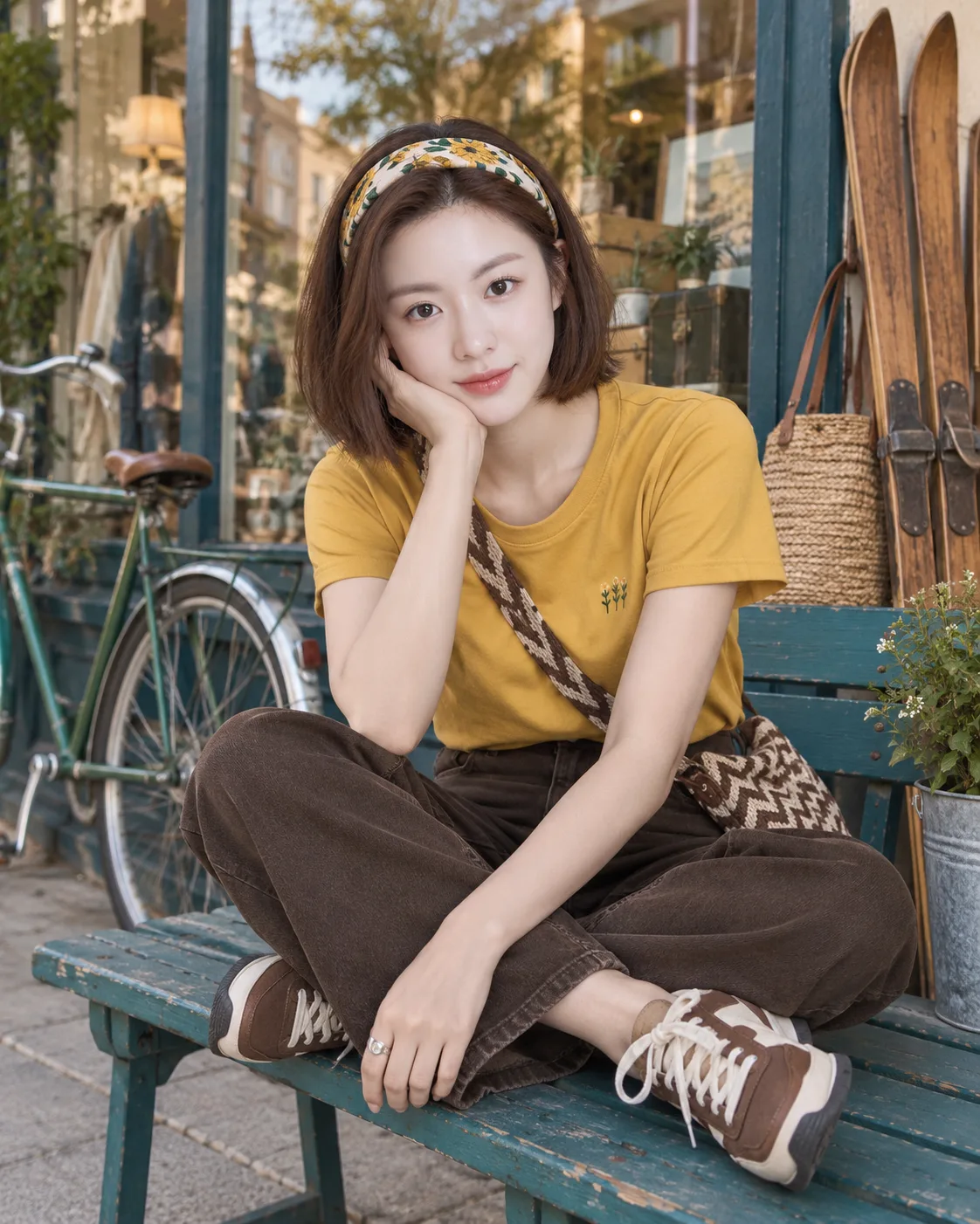 芥末黄女孩的复古街头午后