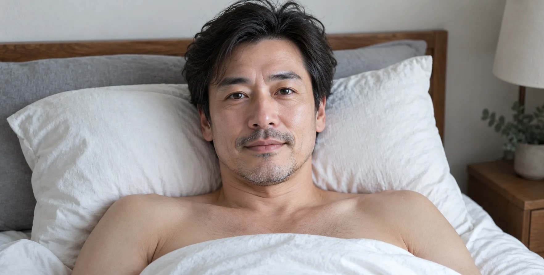 中年男子卧床正面特写镜头