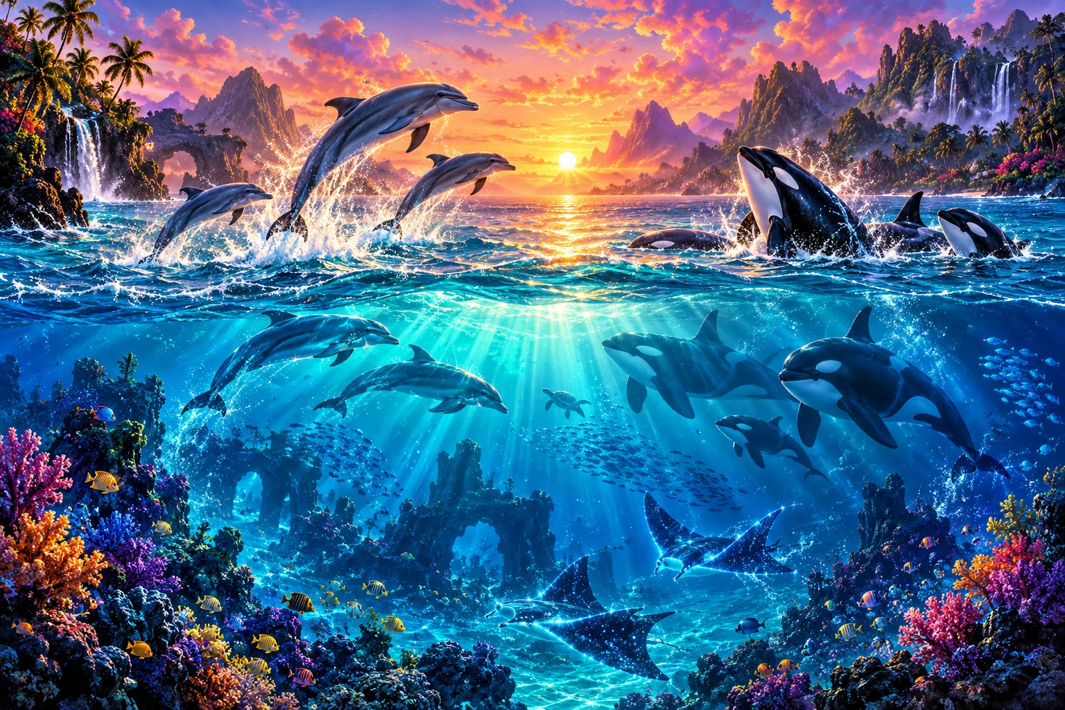 梦幻星海中的海豚与虎鲸