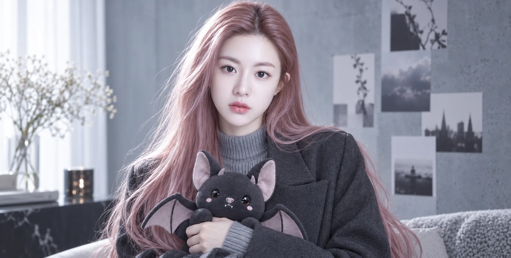 Cool-toned adult influencer portrait with fictional bat-themed plush