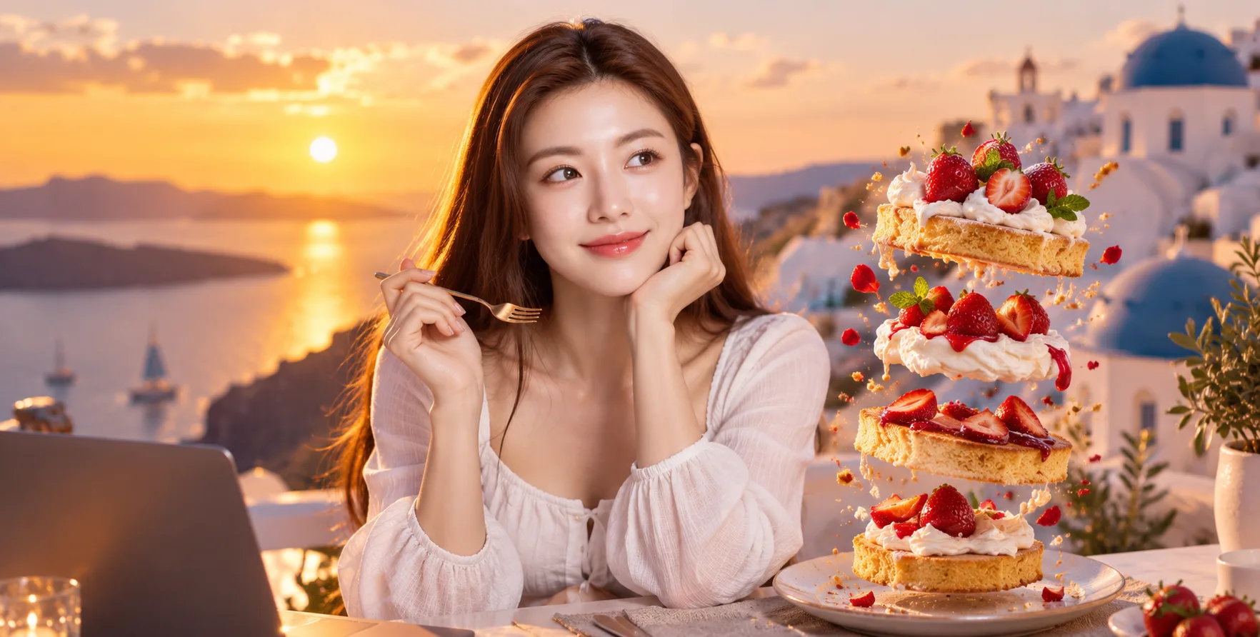 圣托里尼落日下的漂浮草莓蛋糕
