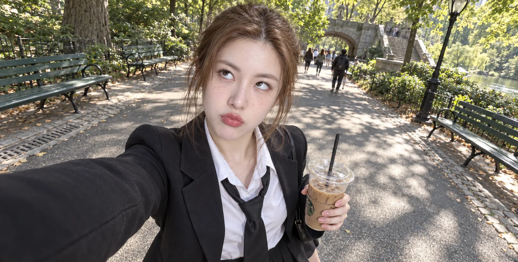 斑驳树影下喝冰咖的雀斑少女