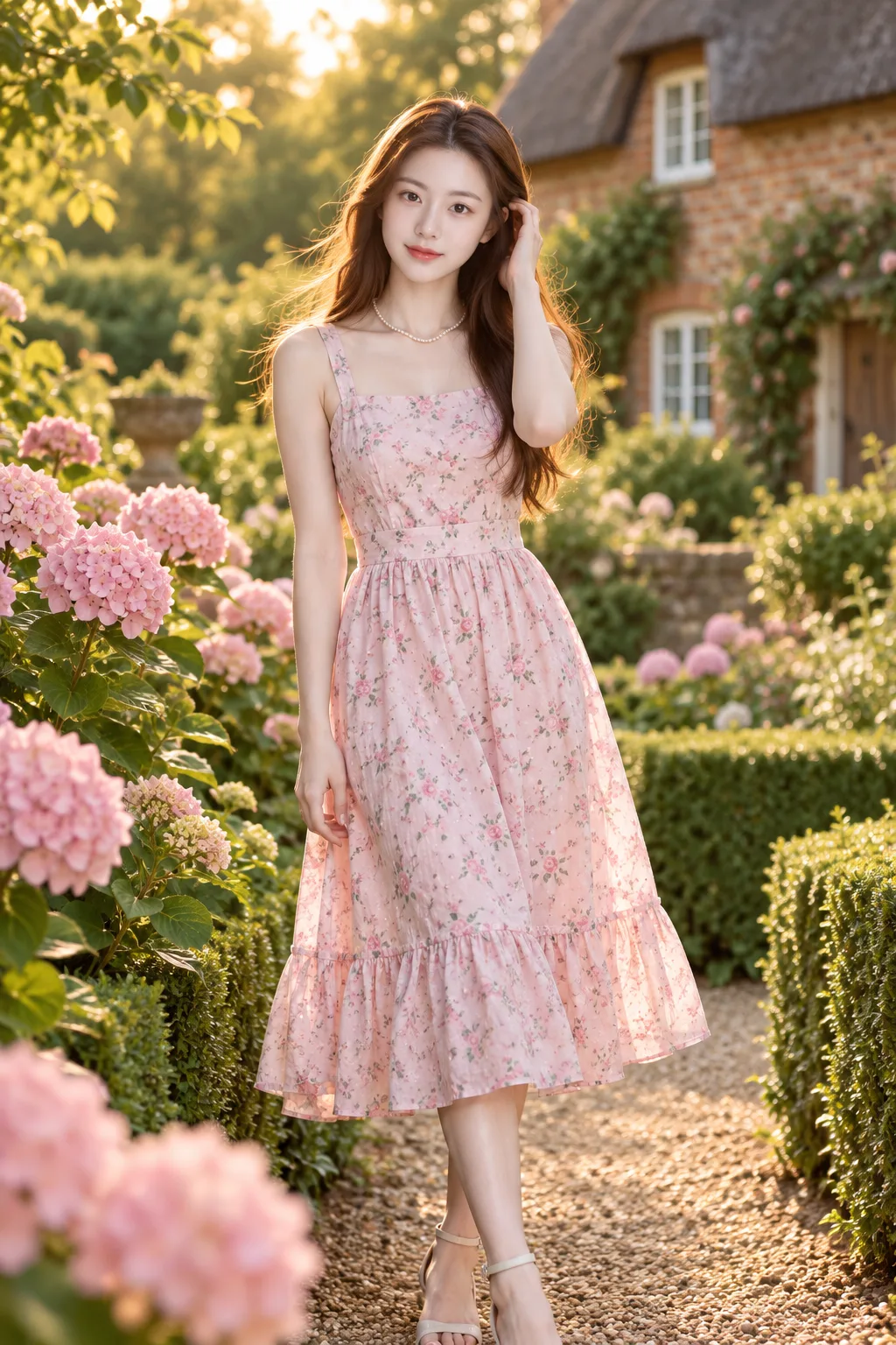 英式花园的粉裙少女肖像