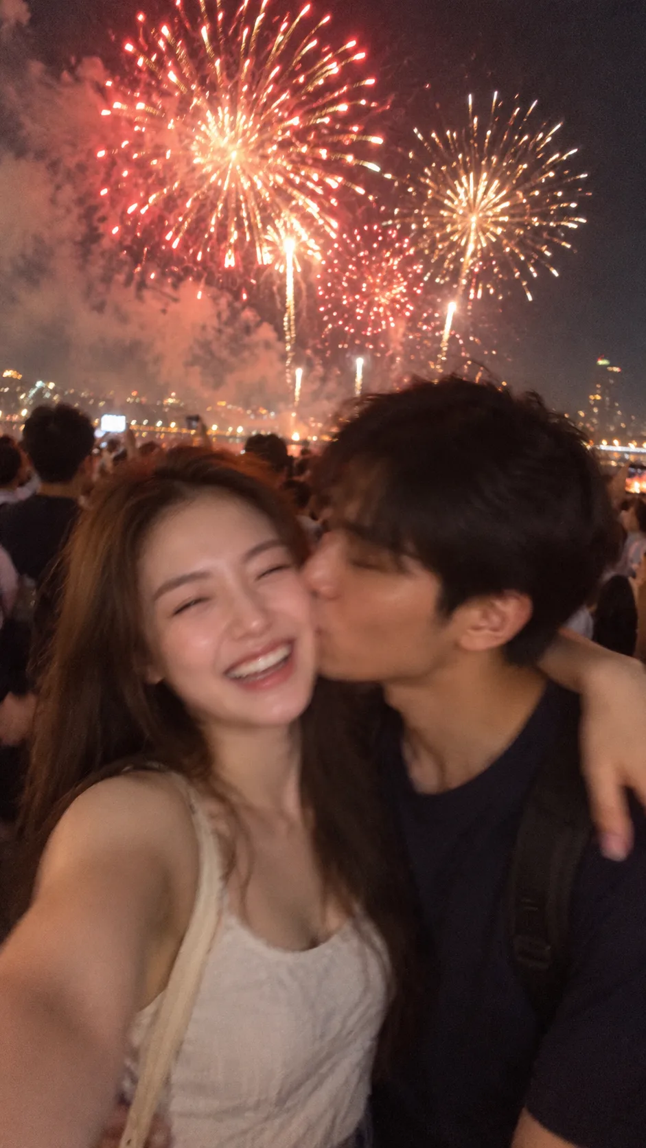 烟花下相拥的真实成人节日抓拍