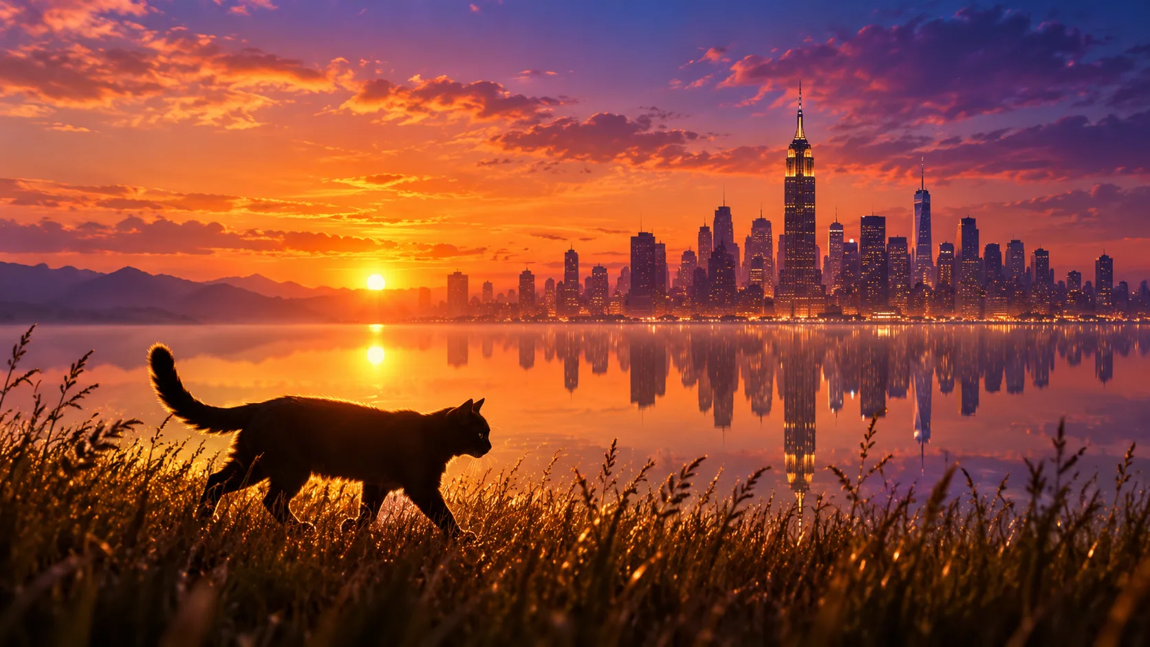 落日余晖下的黑猫与帝国大厦倒影