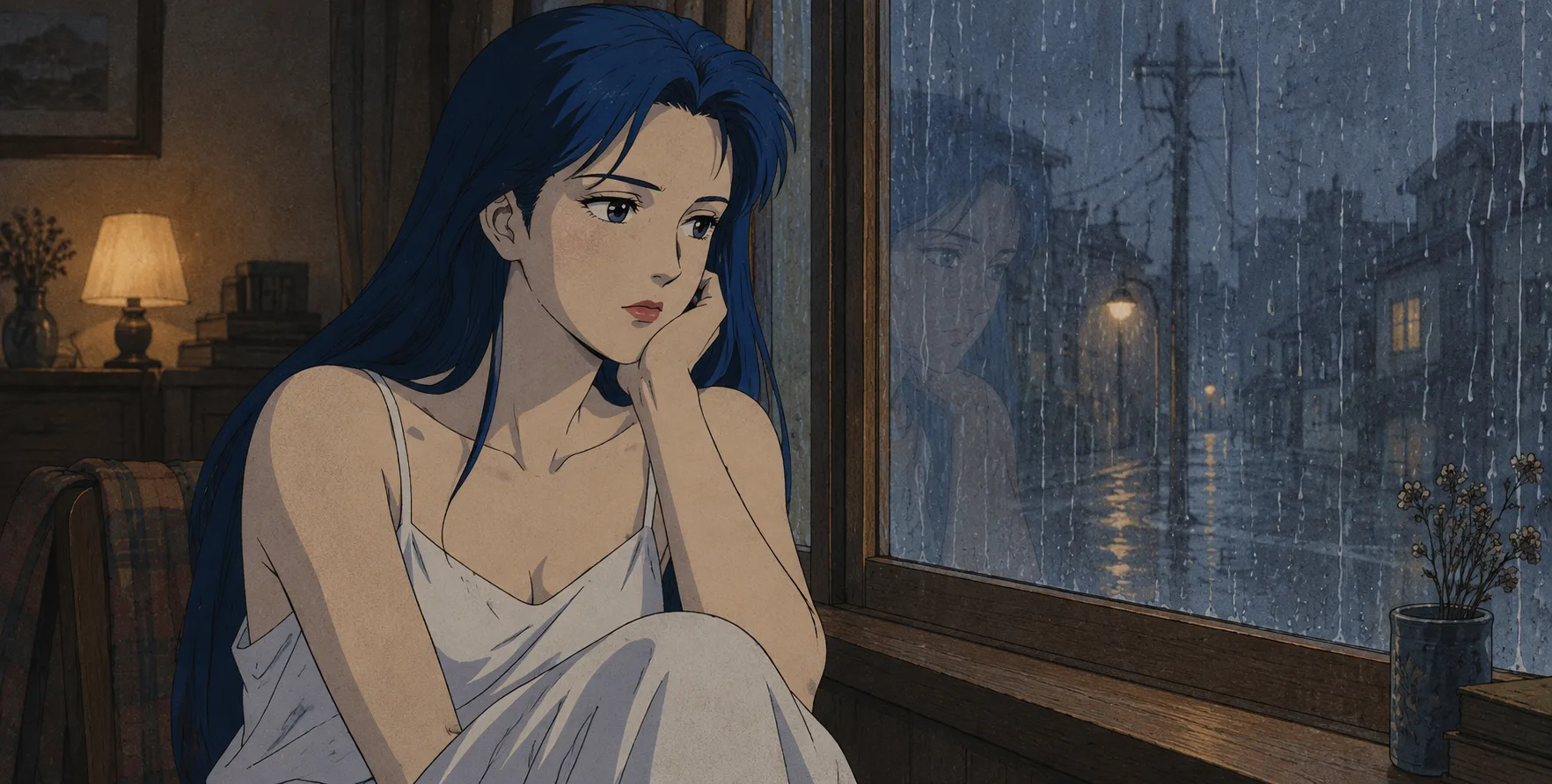 昭和复古雨夜蓝发女子窗前独坐