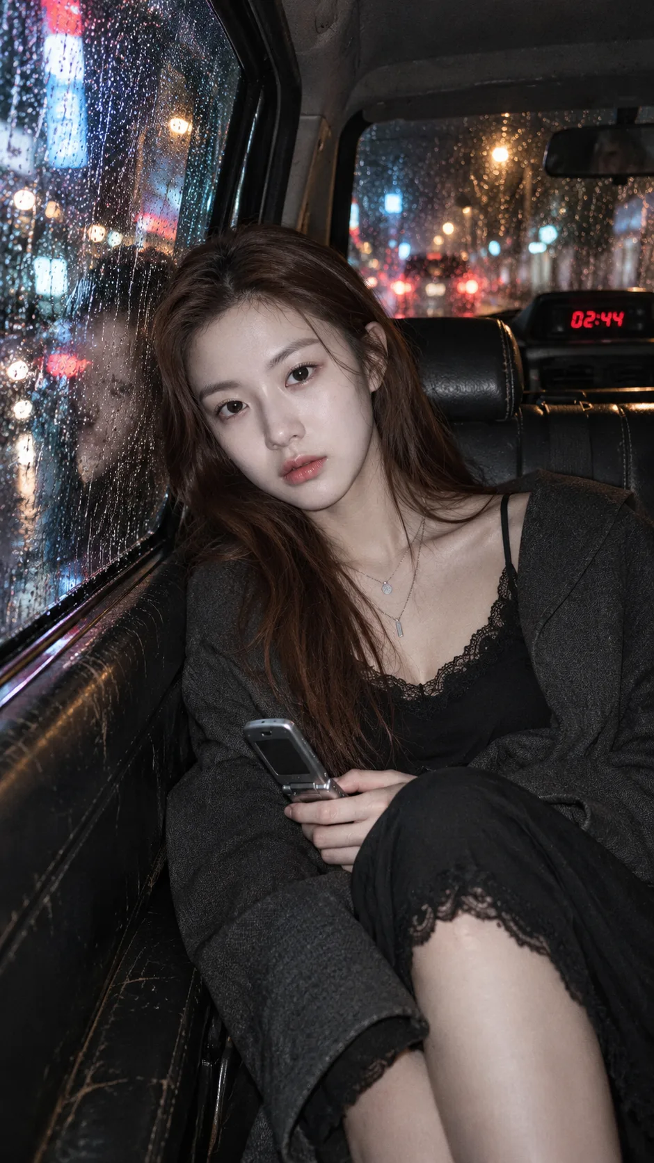 雨夜出租车里的慵懒迷人少女