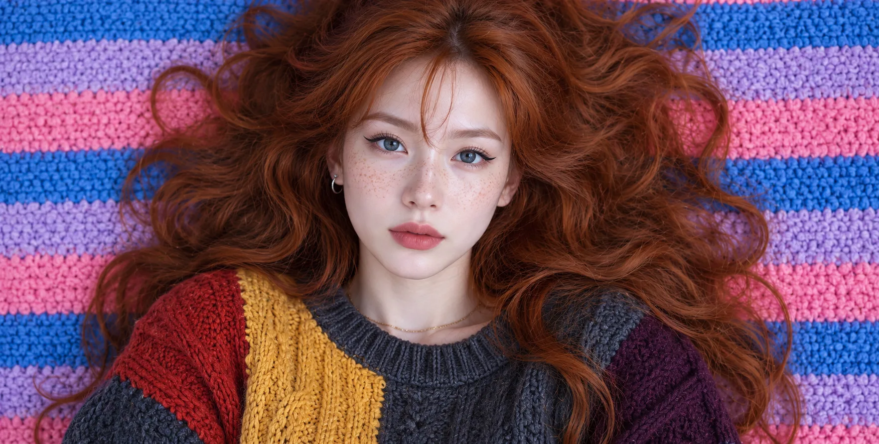 彩虹针织毯上的红发雀斑成年女性