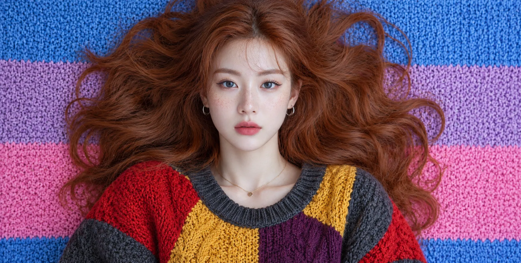 成年红发女子的彩虹针织美梦