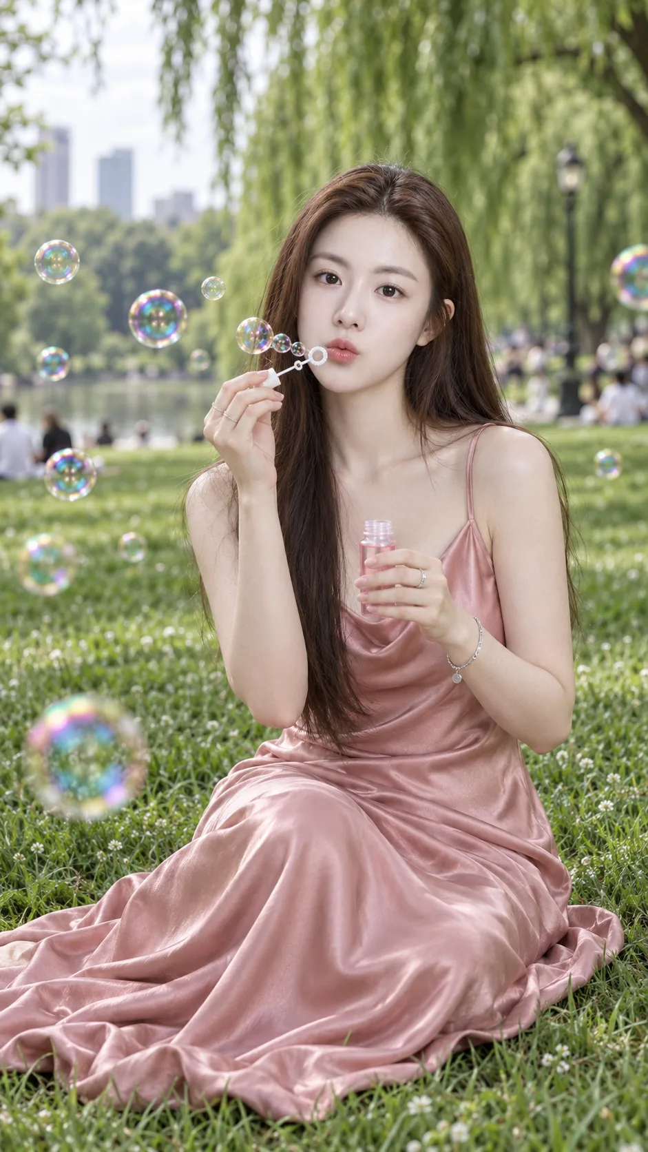 绿野粉裙少女吹出梦幻七彩泡泡