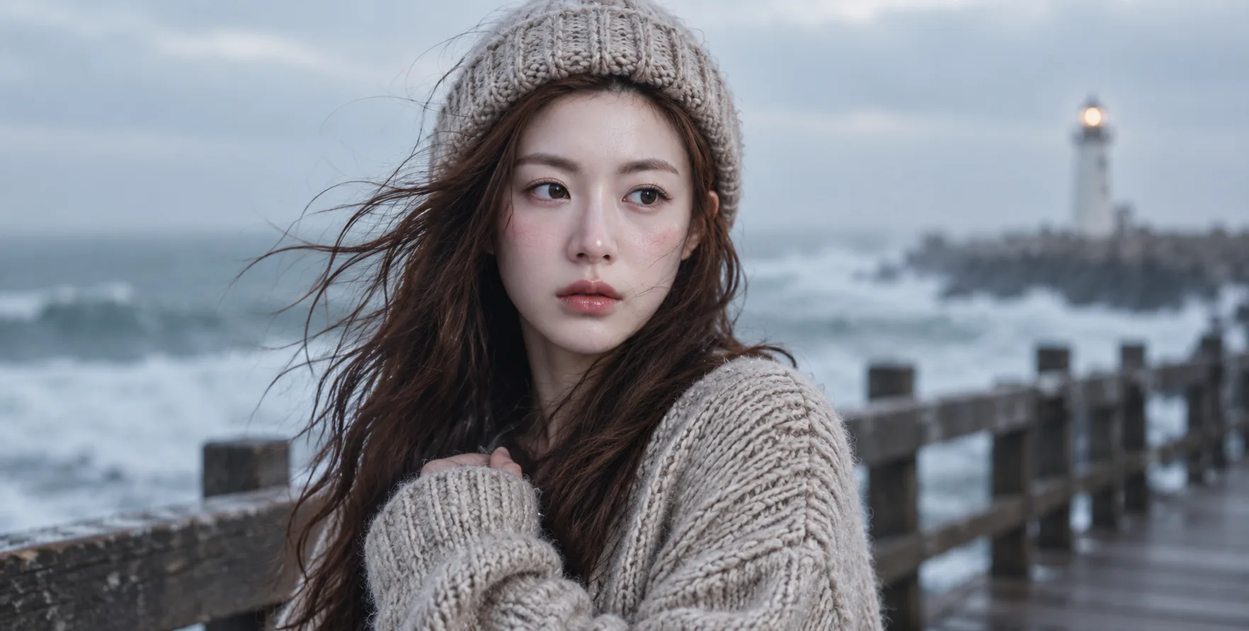 寒风海栈上的忧郁少女