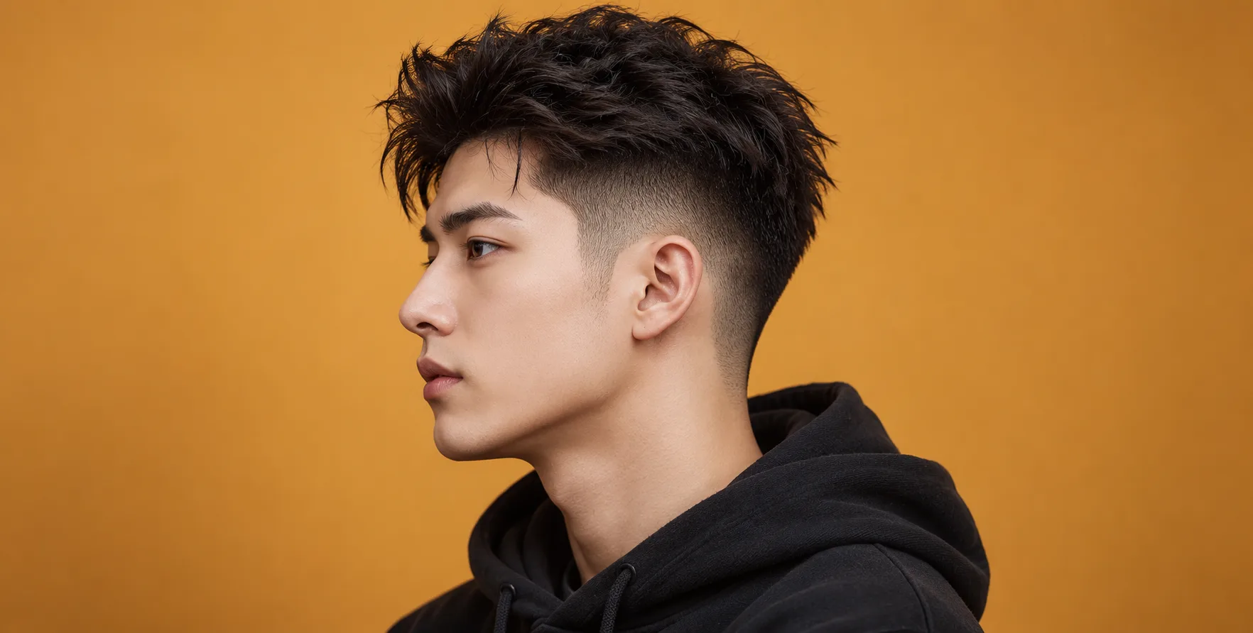 暖黄色影棚中的成年男性侧面发型肖像