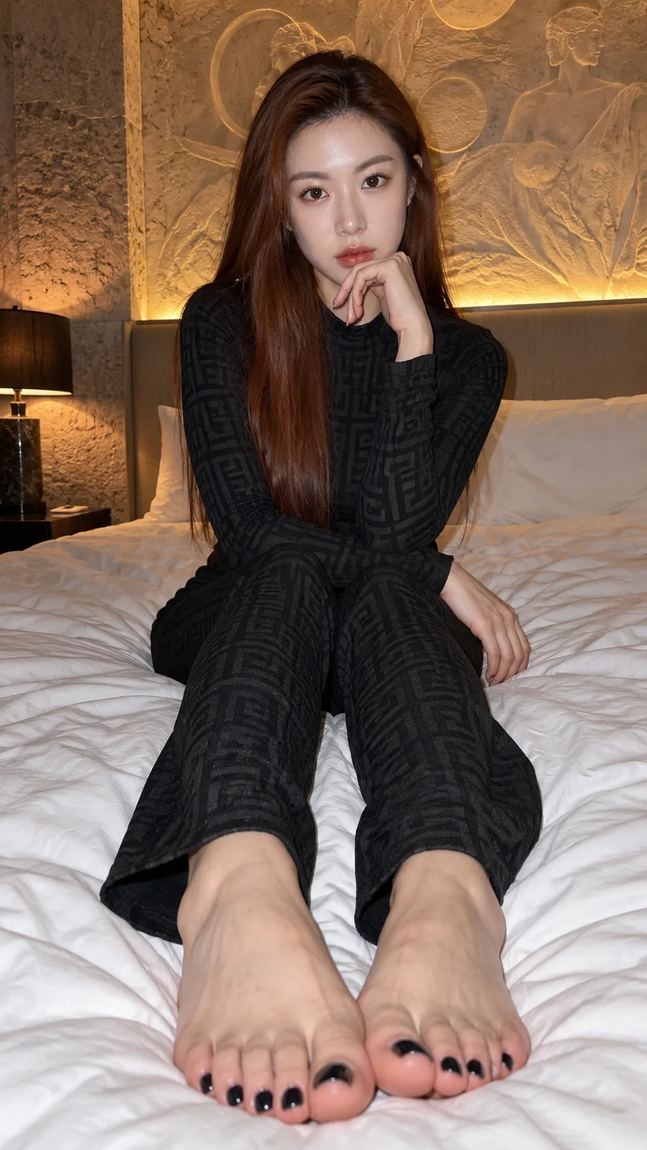 暗夜奢华卧室的红发成年女性肖像