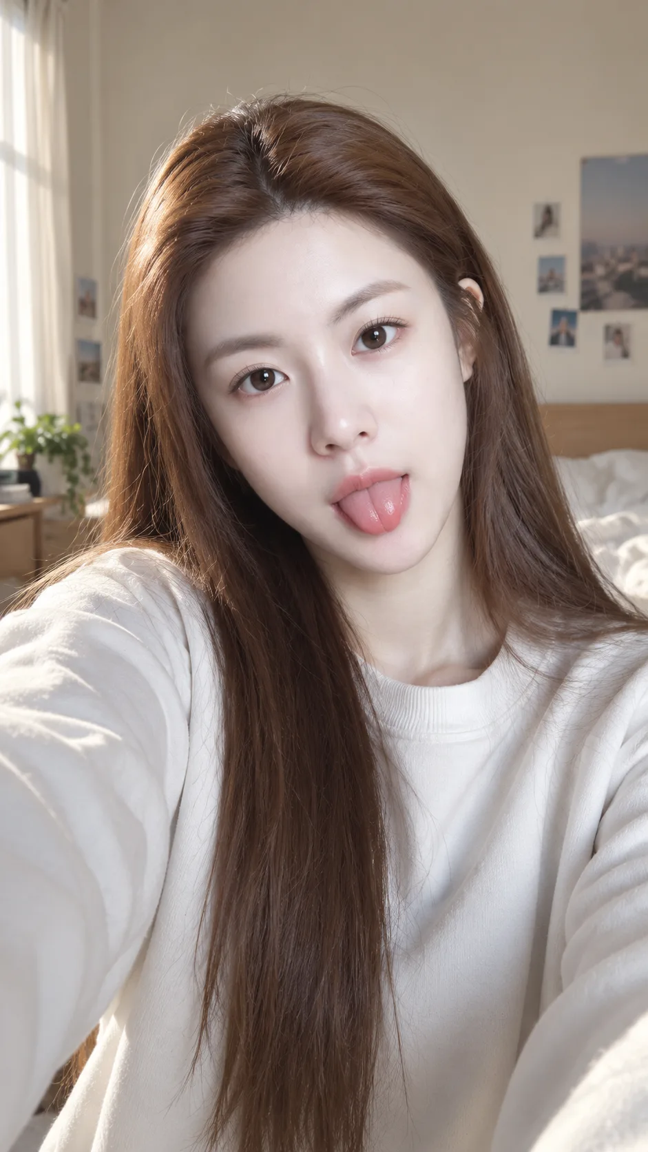 卧室自然光中的成年女性俏皮自拍