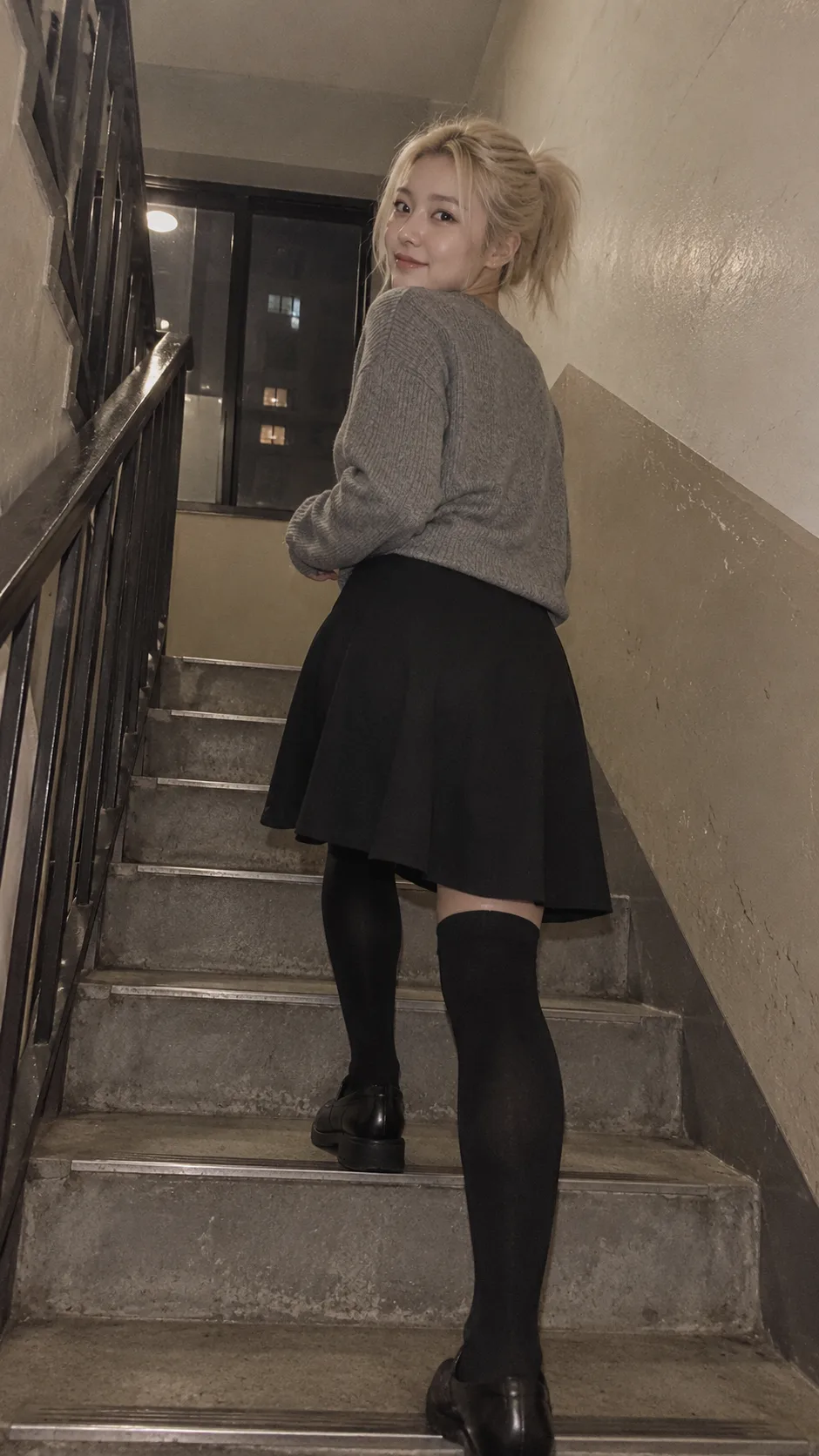 昏暗楼梯间的成人金发随性回眸