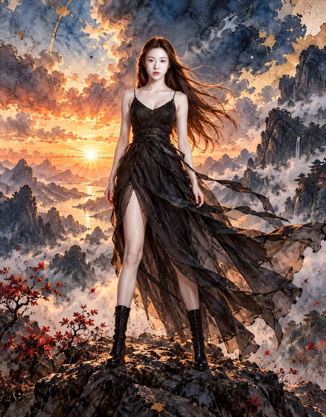 山巅孤影史诗水墨水彩海报