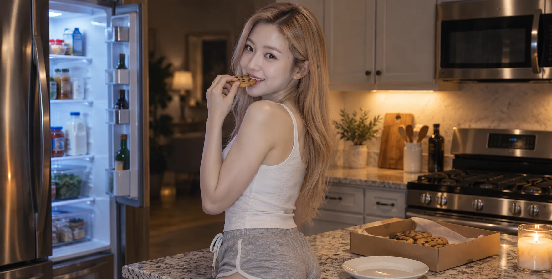 深夜厨房吃曲奇的俏皮成年女性