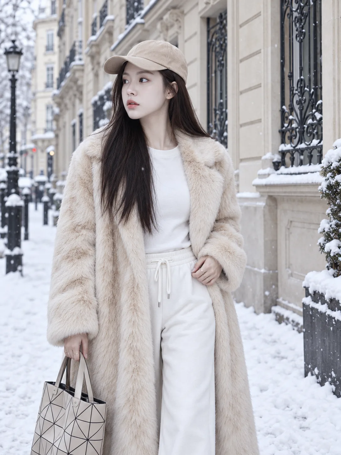 Cream Faux-Fur Winter Street Style