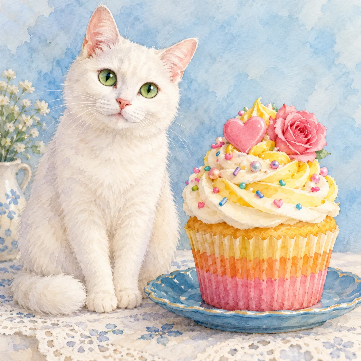 Watercolor Cat and Colorful Cupcake