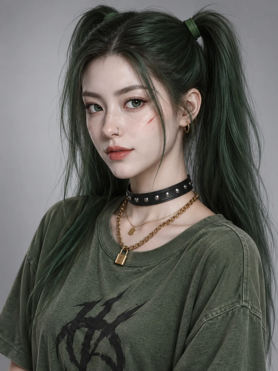 绿发雀斑酷女孩的3D立体肖像