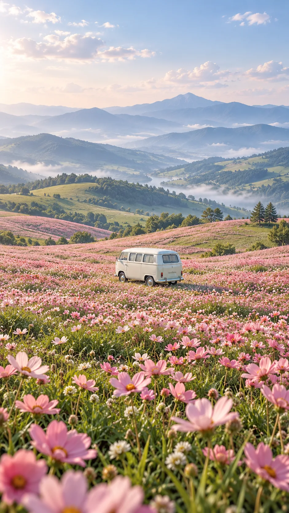 White Vintage Van in Endless Pink Flower Hills