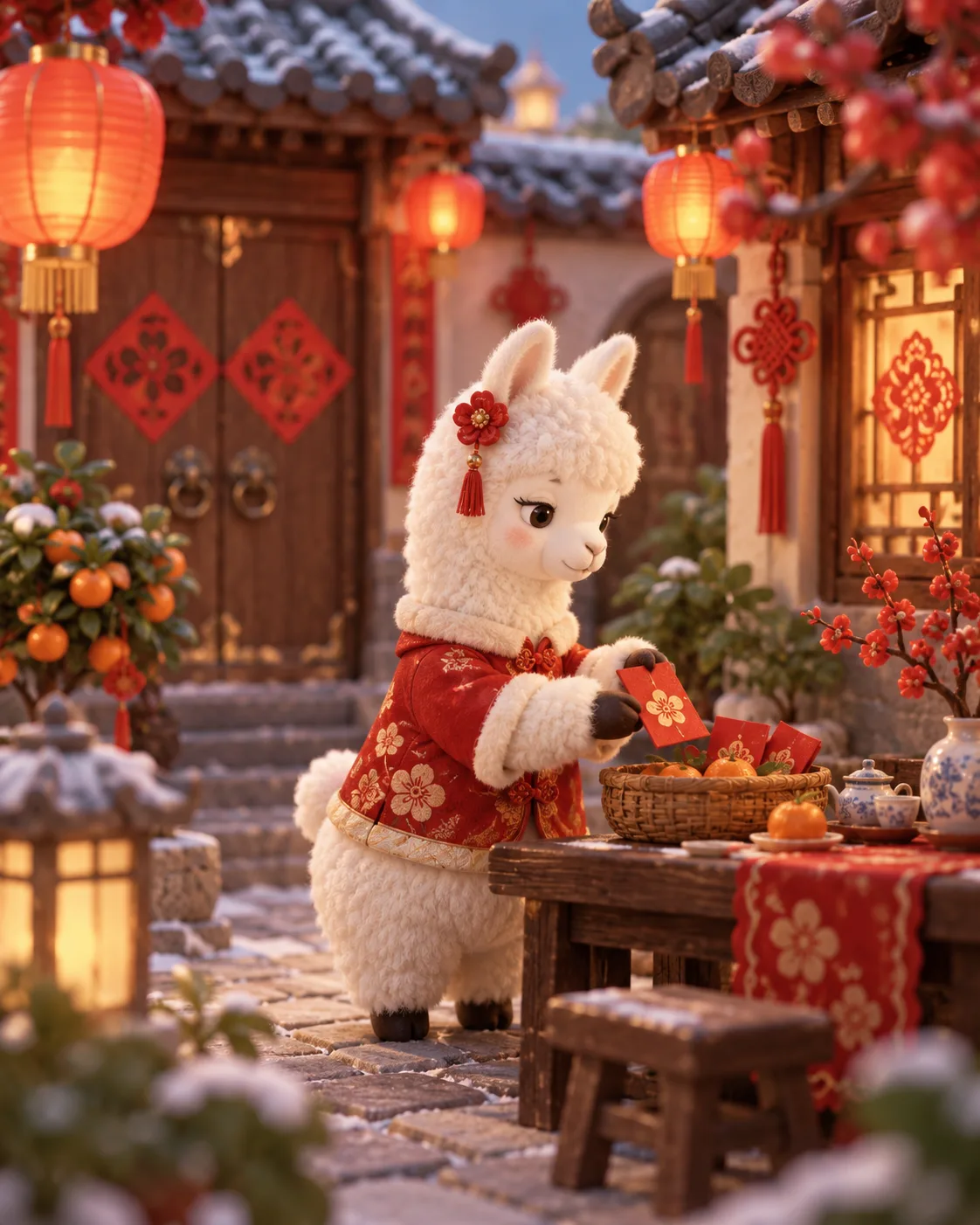 收藏玩偶风新年羊驼微缩庭院