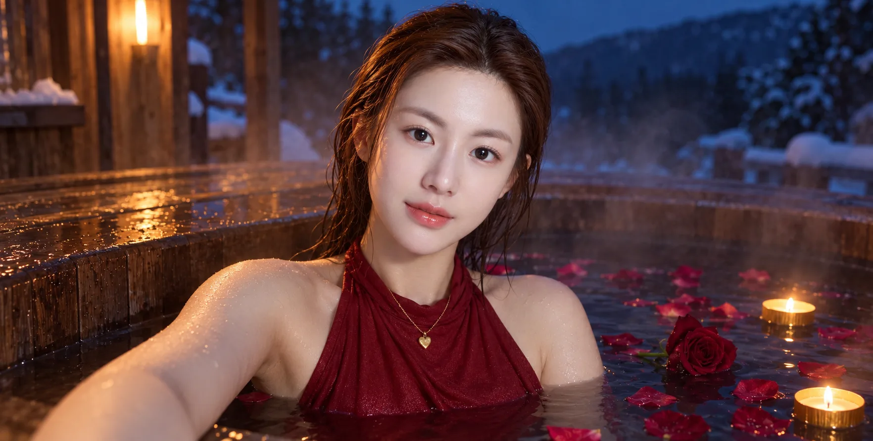 情人节雪夜玫瑰温泉自拍
