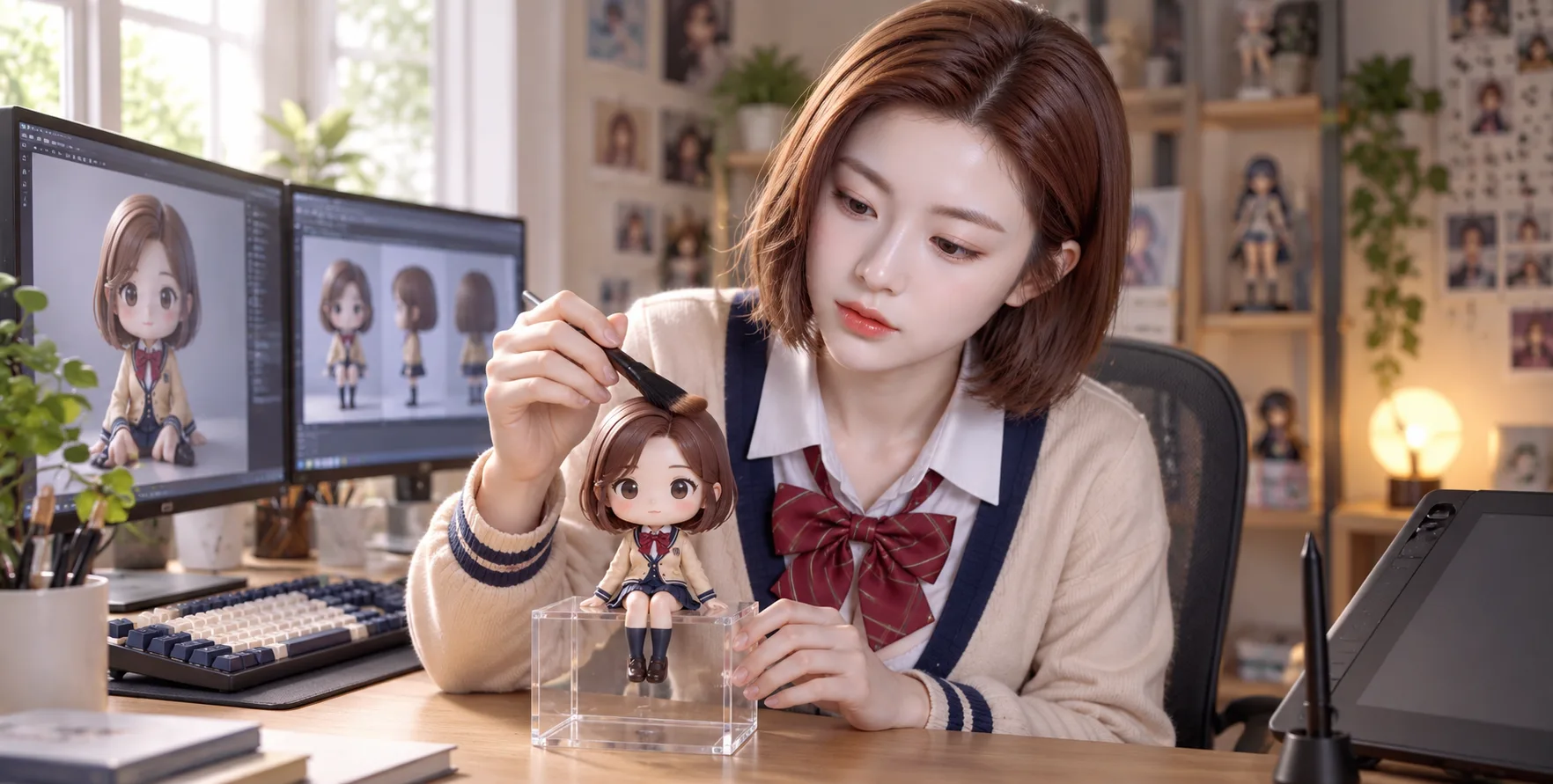 成人创作者轻柔擦拭桌上的微缩手办
