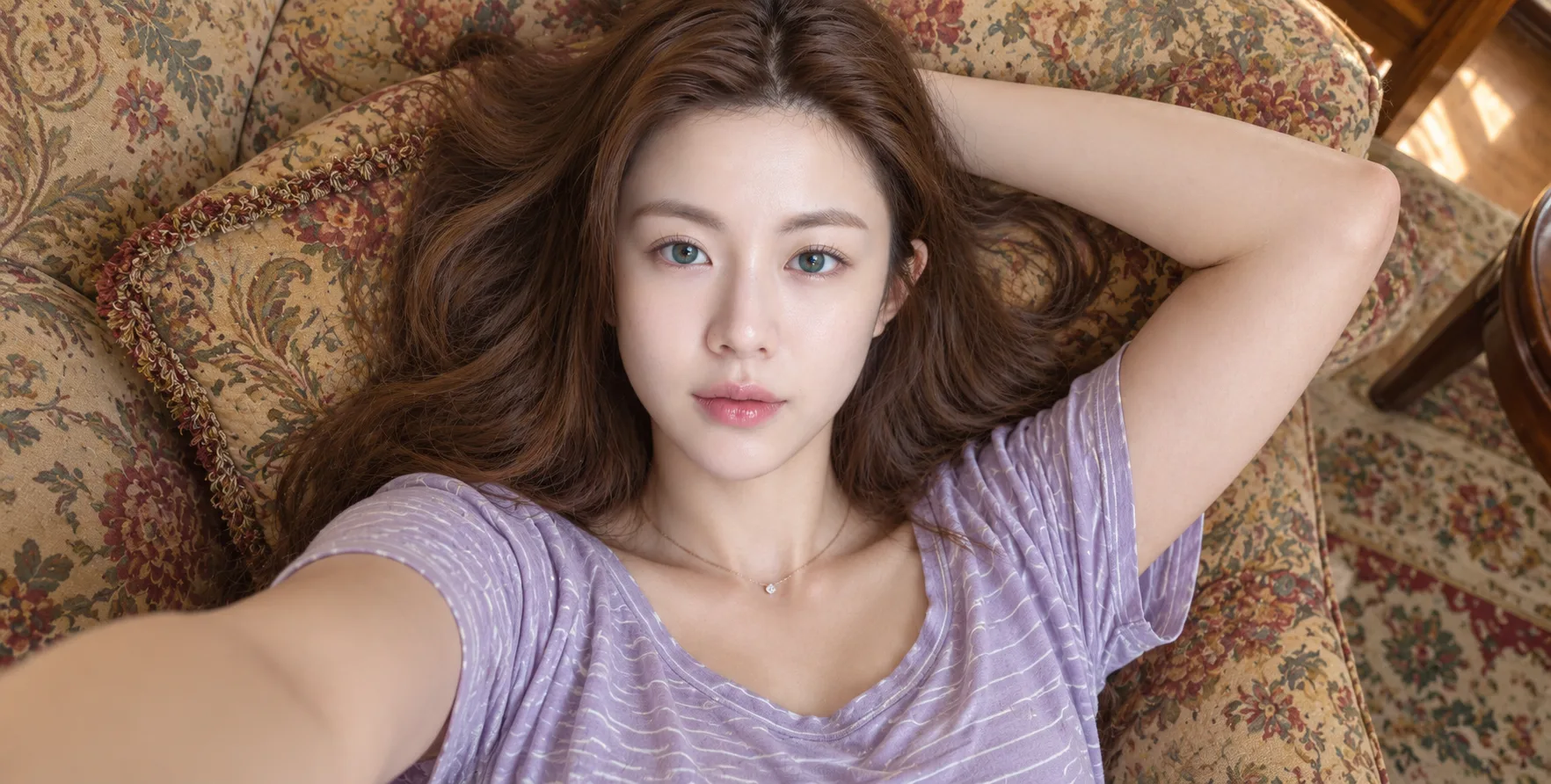 华丽沙发上的成年女性青绿色眼眸自拍