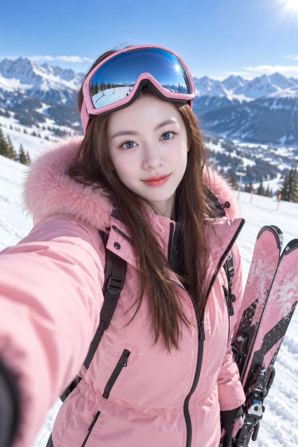 雪场粉红成年滑雪者自拍