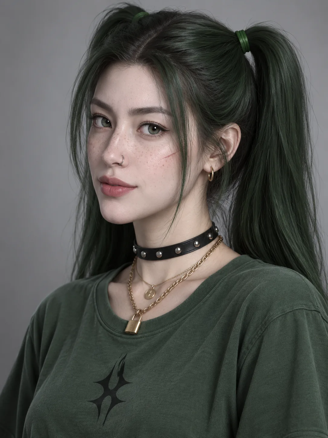 绿发成年女性的精致3D数字肖像
